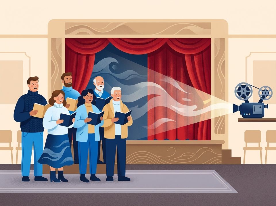 Ilustracja: chór rodziców obok małej sceny teatralnej i projektora filmowego