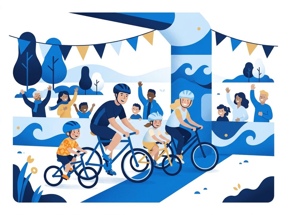 Ilustracja: rodziny na rowerach przejeżdżają linię mety wśród kibiców